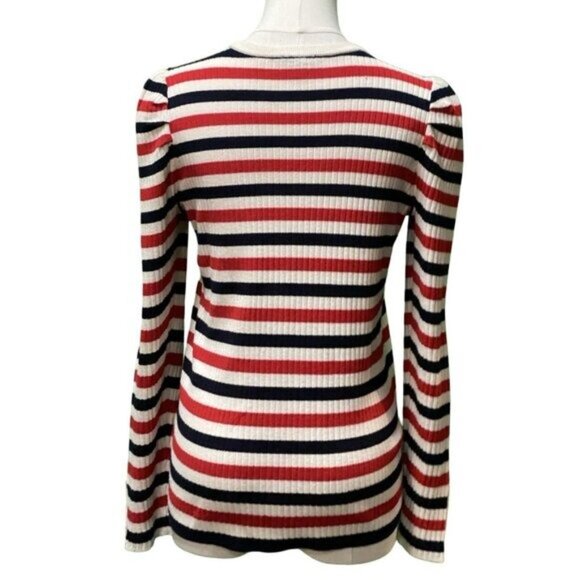Talbots Long Puff Sleeve Red/White/Blue Striped Viscose Blend Sweater Size S/P - Picture 2 of 5
